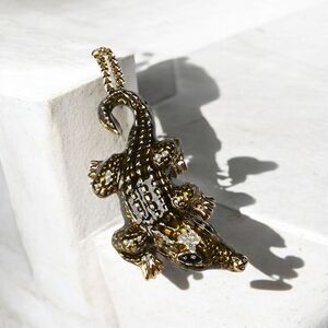 St. John Couture Alligator Crocodile Pendant Necklace Gold Black Enamel Crystal